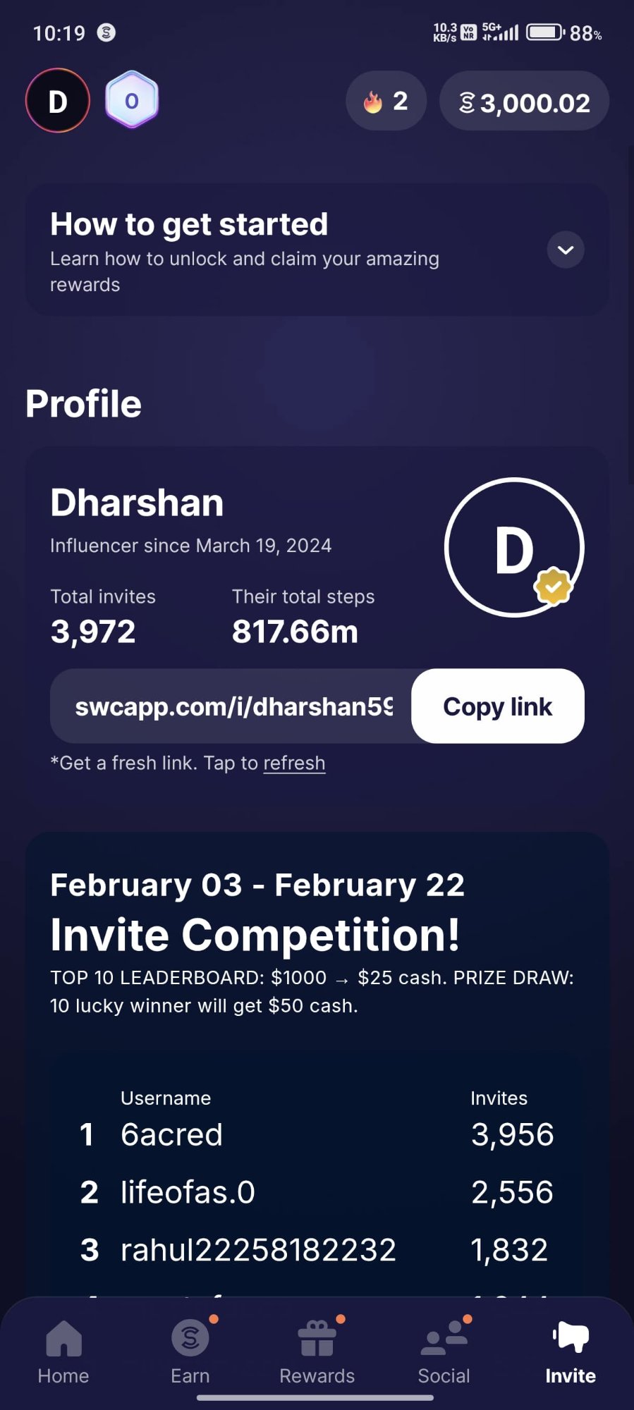 Sweatcoin referral dashboard — 3,972 invites