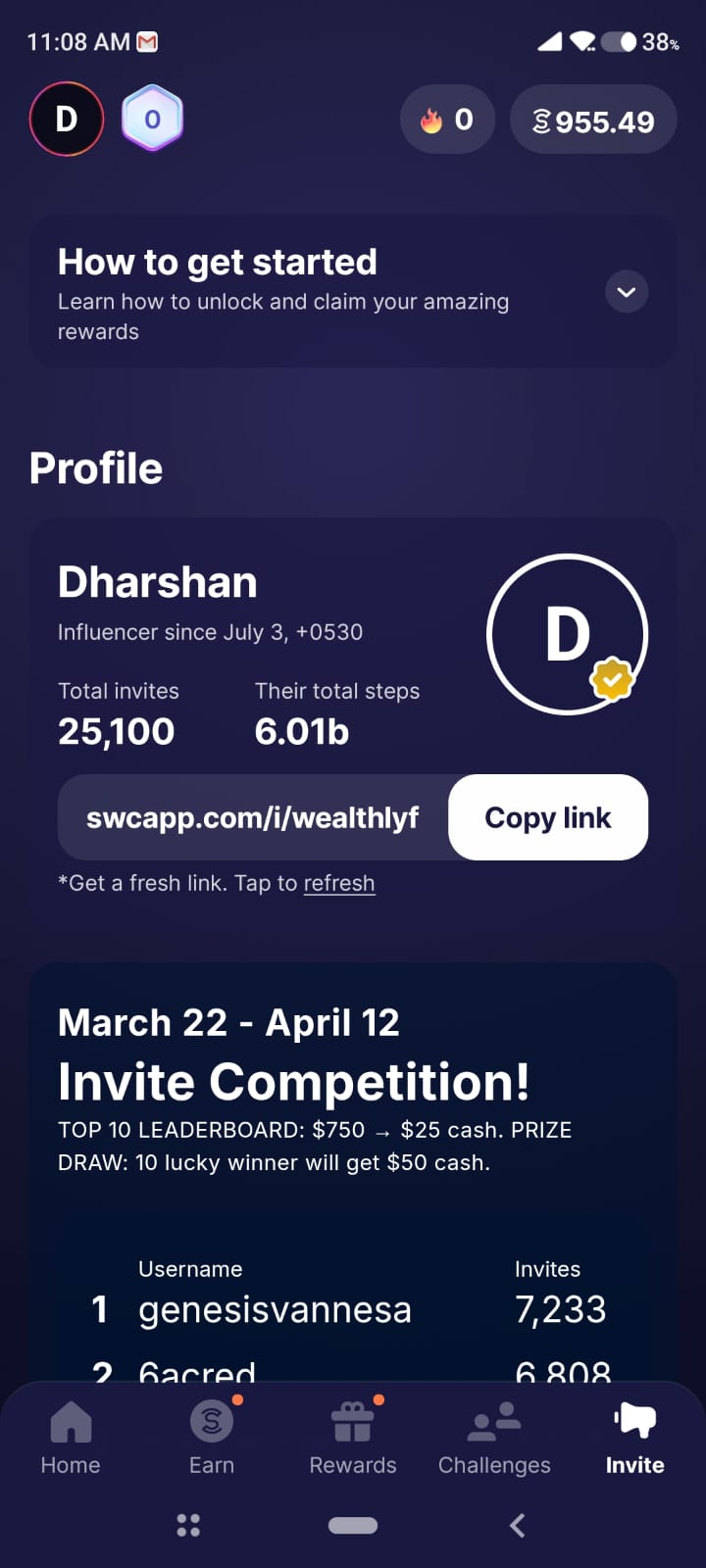 Sweatcoin profile — 25,100 total invites